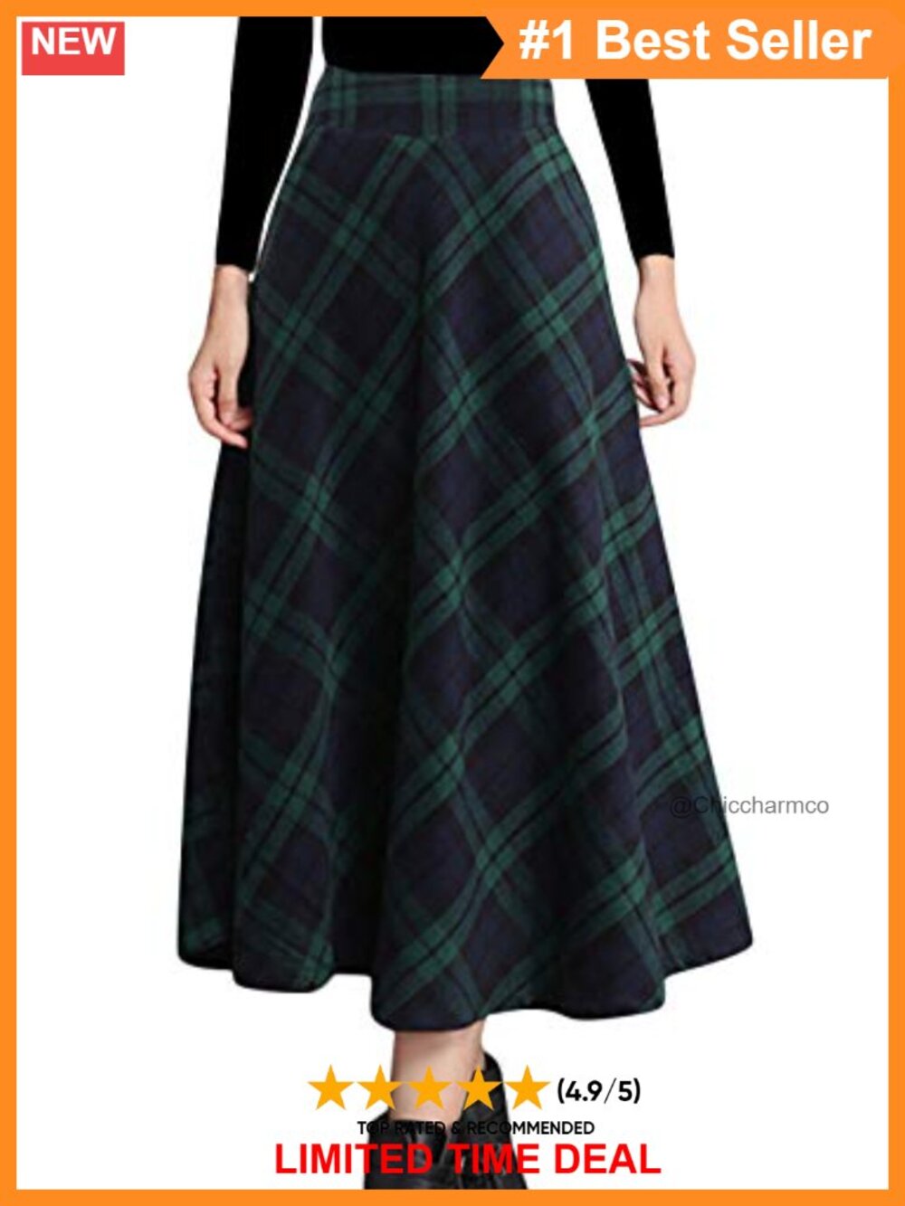 Wool Blend Plaid A-Line Midi Skirt High Waist Pleated Pockets